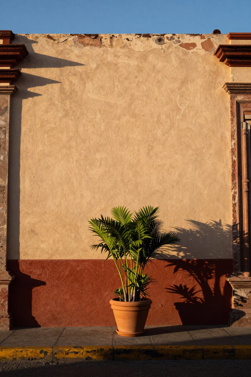 Golden Late Afternoon Light on Mexico City Street with Flowerpot and Horchata Glass in in Mexico City, Mexico