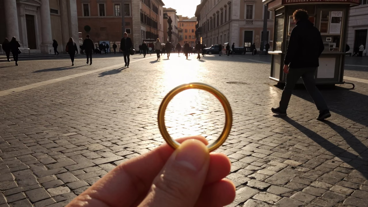 Golden late afternoon light reflecting on brass ring in Roman street scene in in Rome, Italy