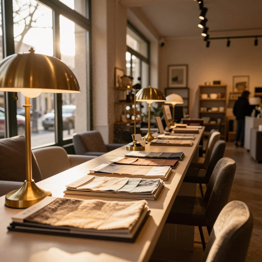 Golden Light on Brass Lamps and Swatches in at a checkout lane under flat store light near Chiado, Lisbon