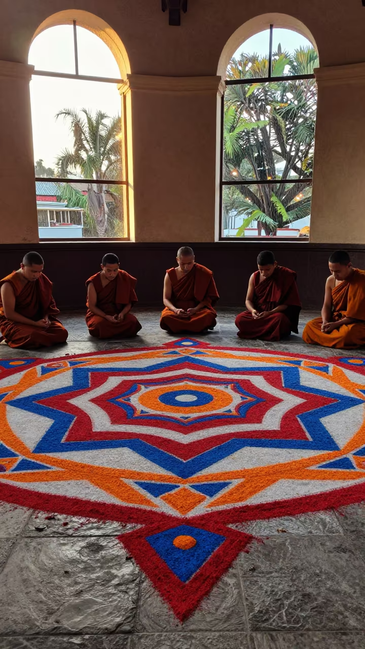 Golden Light on Buddhist Sand Painting in Guatemala Hall in in a ceremonial hall in Guatemala City