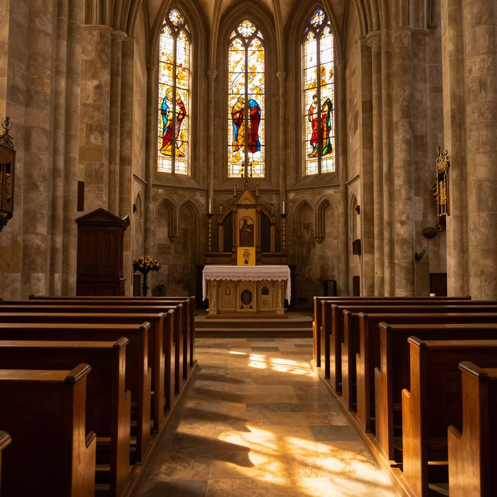 Golden Light on Chorzow Cathedral Facade in in a chapel lit by stained glass in Chorzów