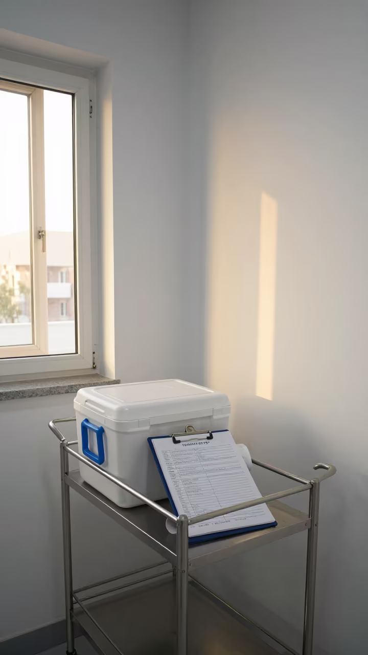 Golden Light on Clinic Vaccination Supplies in along a linen cart bay outside treatment rooms in Duhok