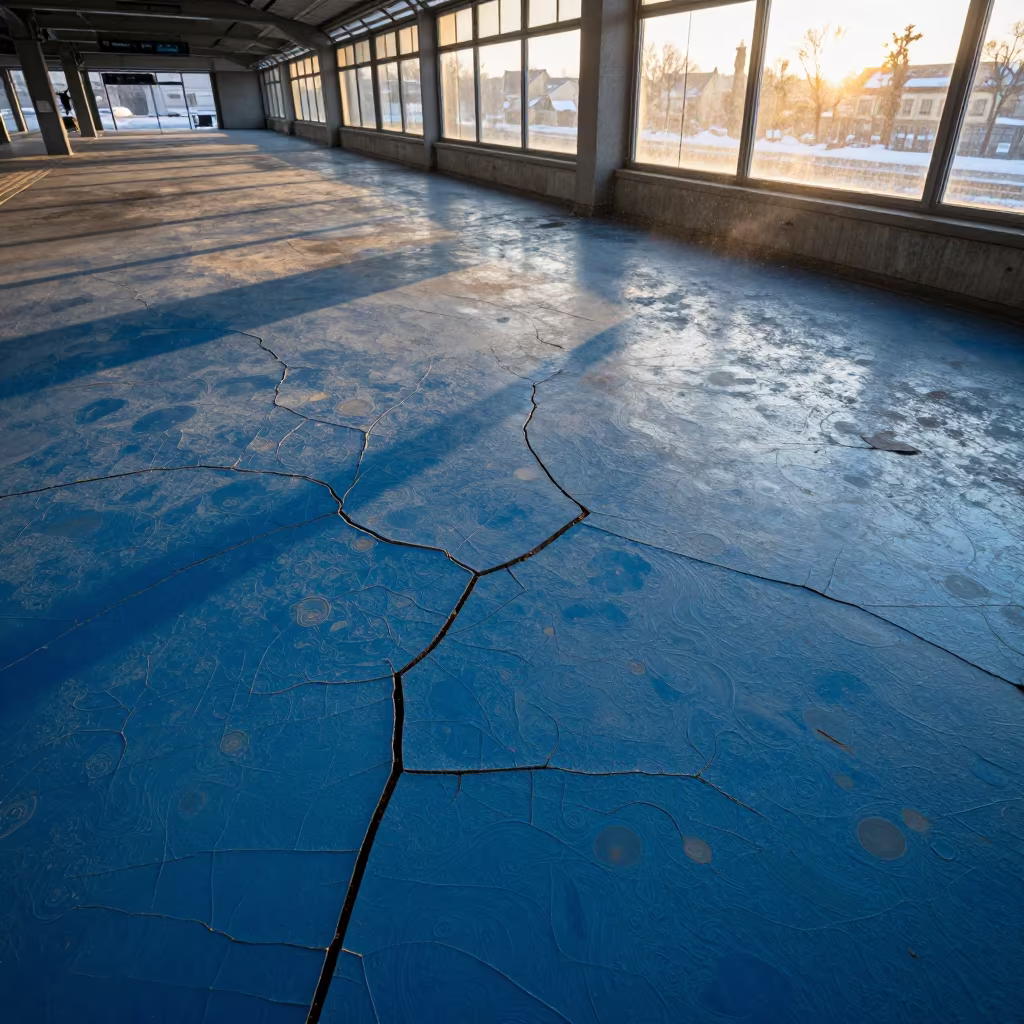 Golden Light on Fractured Blue Paint Surface in inside a restored train terminal in Würzburg