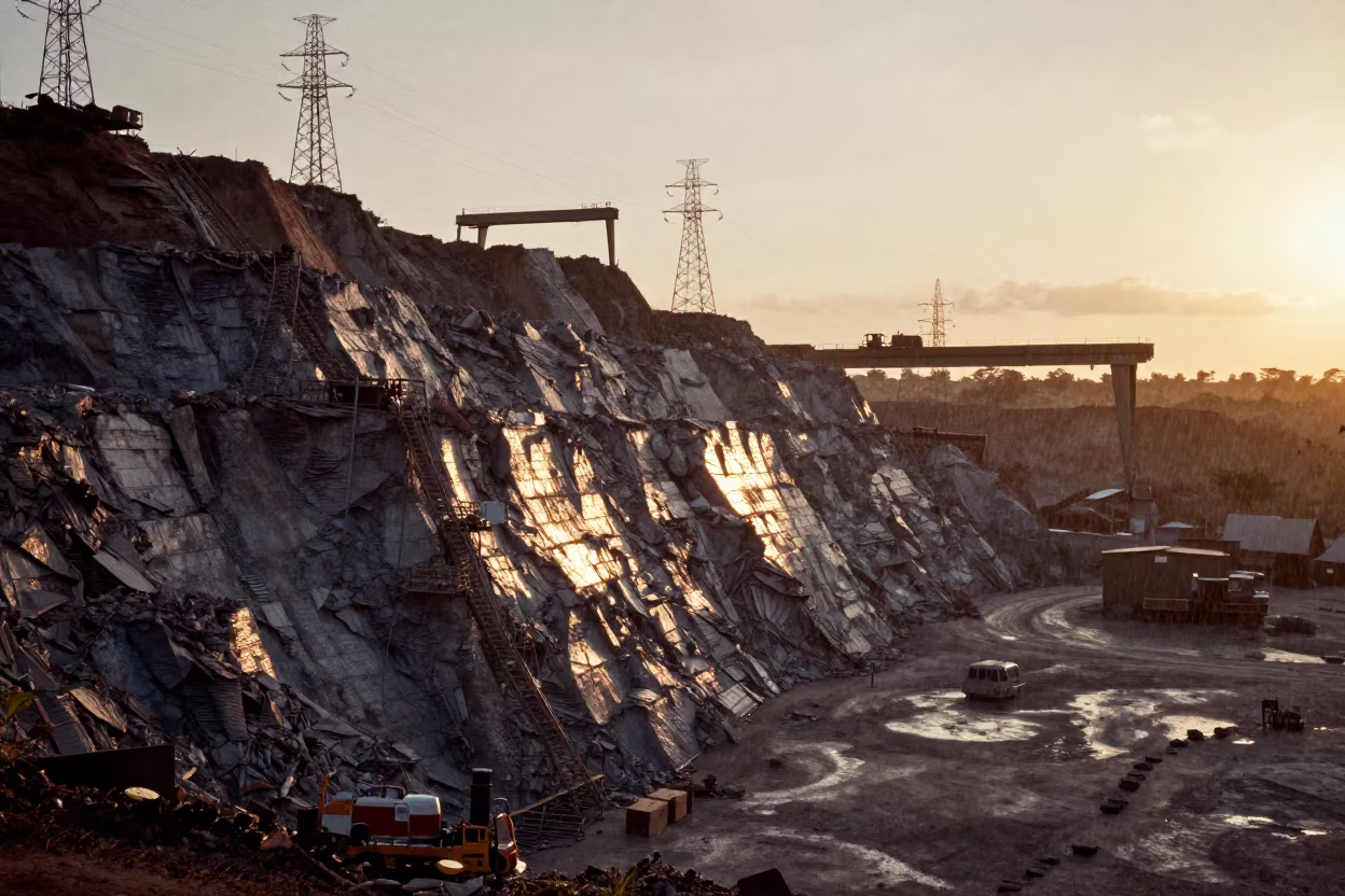Golden Light on Lagos Quarry Face at Dusk in under gantries and utility towers near Lagos