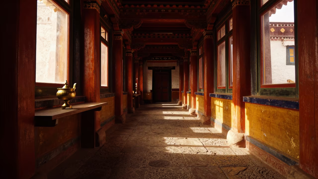 Golden Light Pooling in Lhasa Monastery Corridor in along a monastery corridor in Lhasa