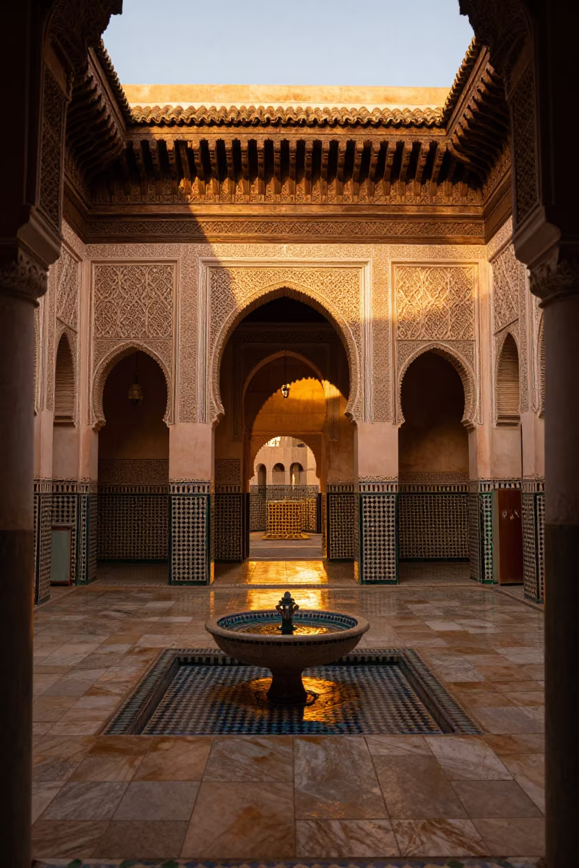 Golden Light on Marrakech Riad Courtyard Tiles in under a shaded inner courtyard arcade in Marrakech