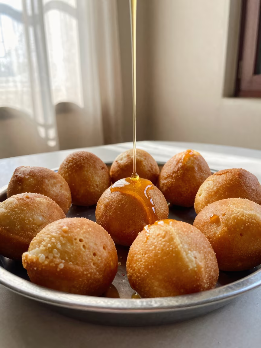 Golden Loukoumades Drizzled with Honey on Tea Tray in on a tea house tray in Jalandhar