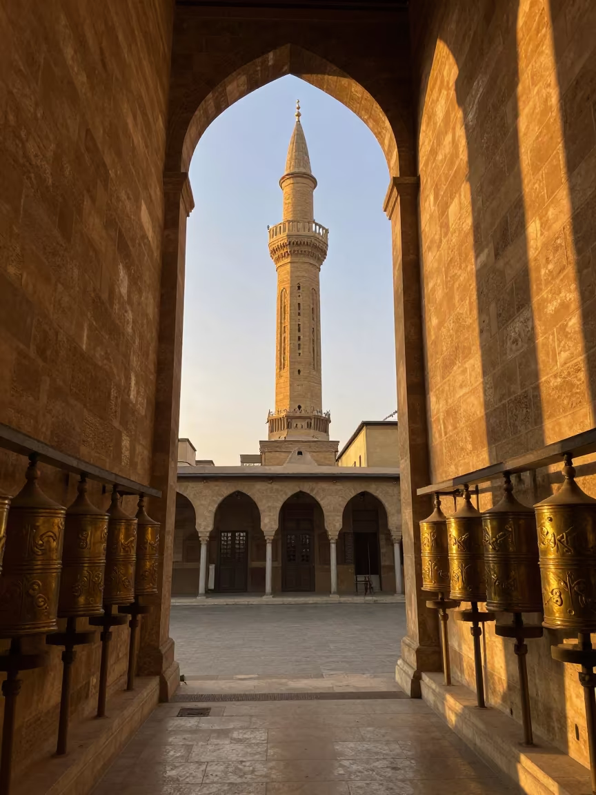 Golden Minaret Rising Over Cairo Rooftops at Sunset in beside a prayer wheel corridor in Cairo