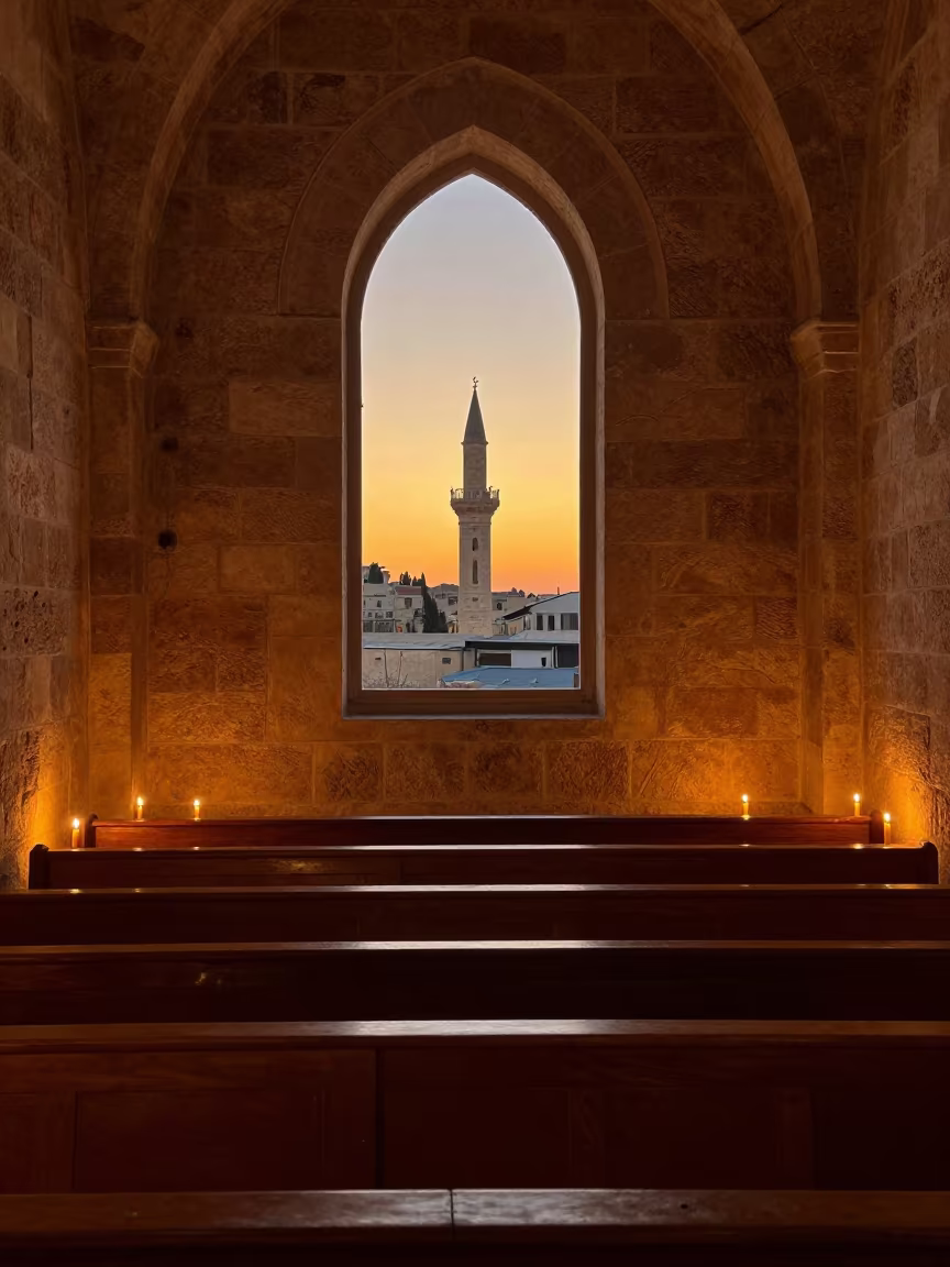 Golden Minaret Above Candlelit Nave at Sunset in inside a candlelit nave in Amman