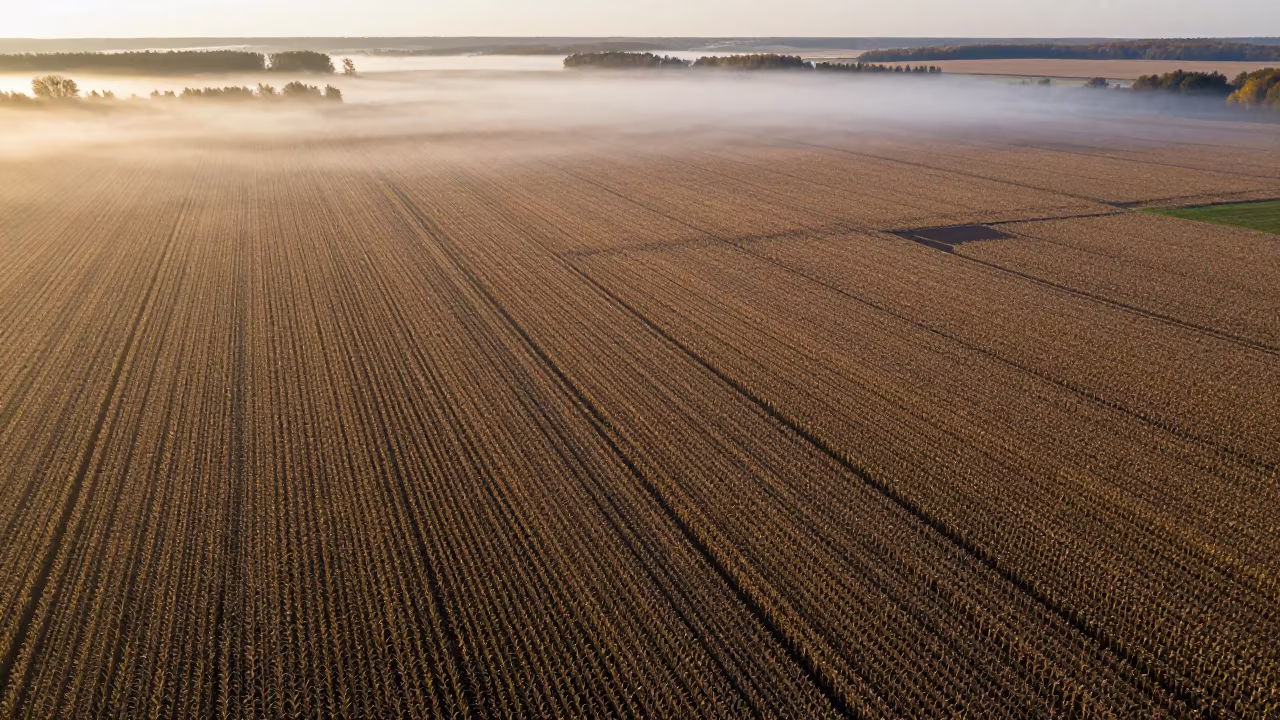 Golden Mist Over Corn and Soybean Fields in near Yekaterinburg