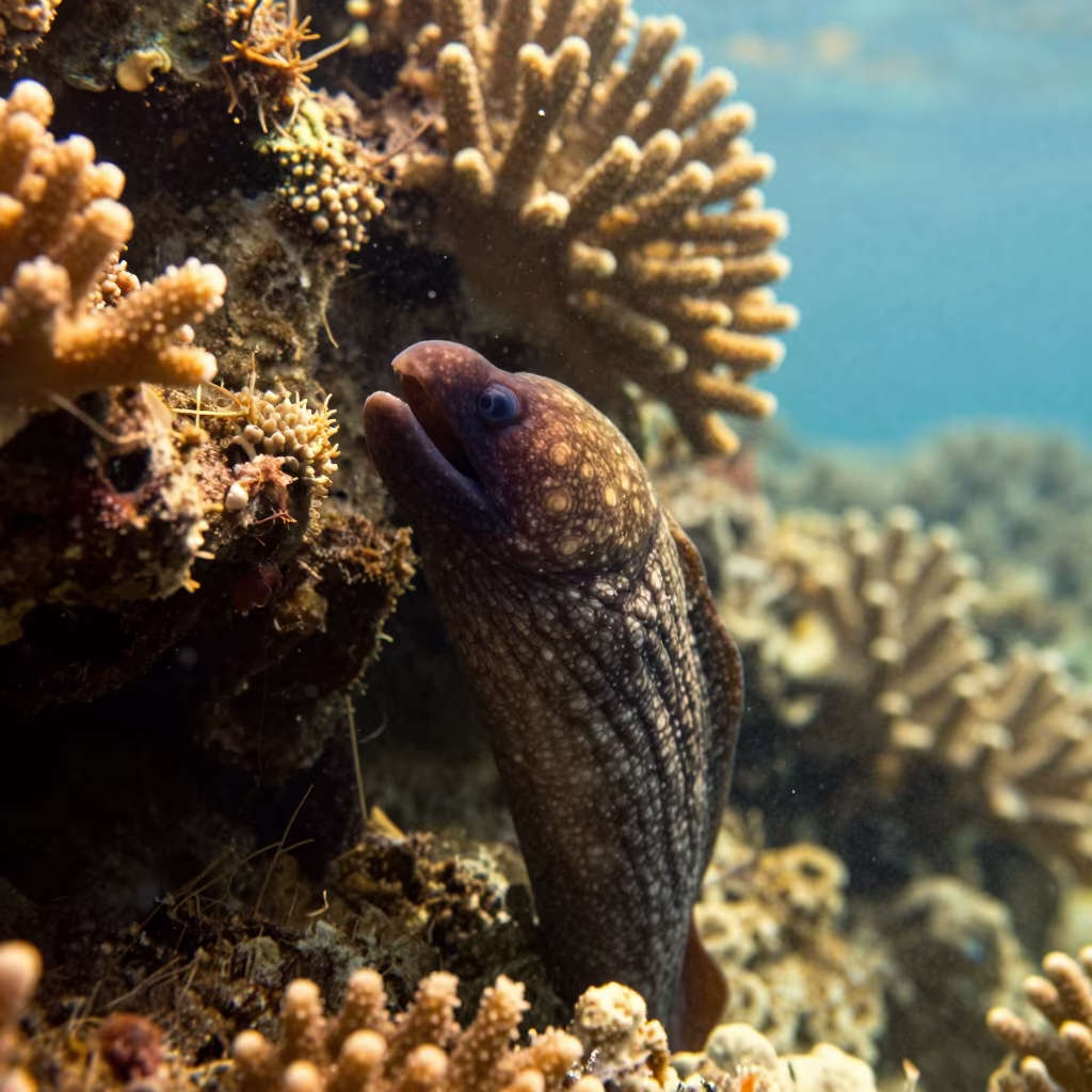 Golden Moray Eel Peering from Coral Reef in along a coral wall with blue water beyond near Denpasar