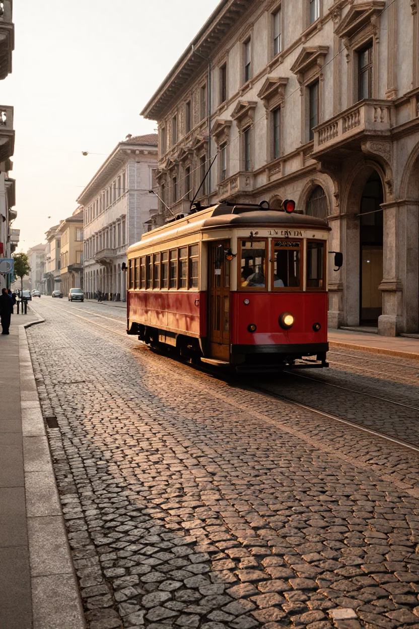 Golden Morning Light Illuminating Heritage Tram on Cobblestone Avenue in Milan Italy in in Milan, Italy