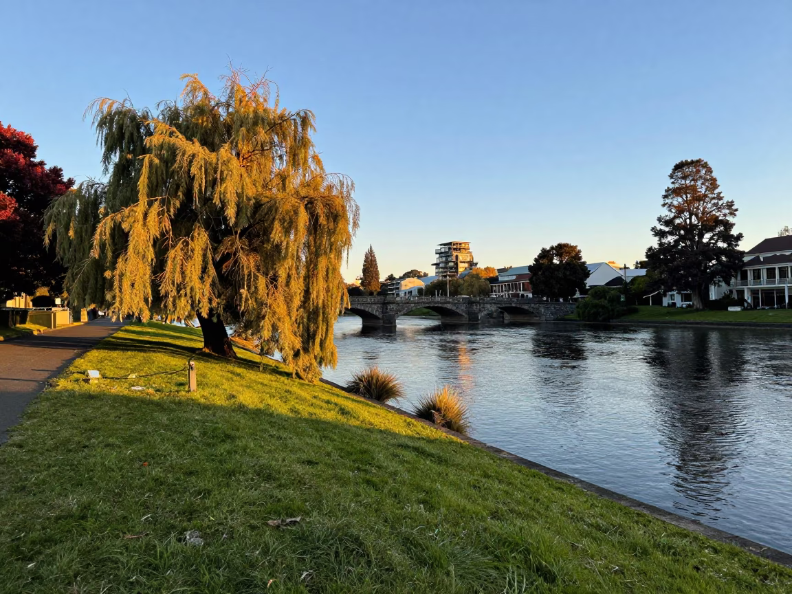Golden Morning Light on Christchurch River Avon with Red Deer Stag and Labrador Retriever in in Christchurch, New Zealand