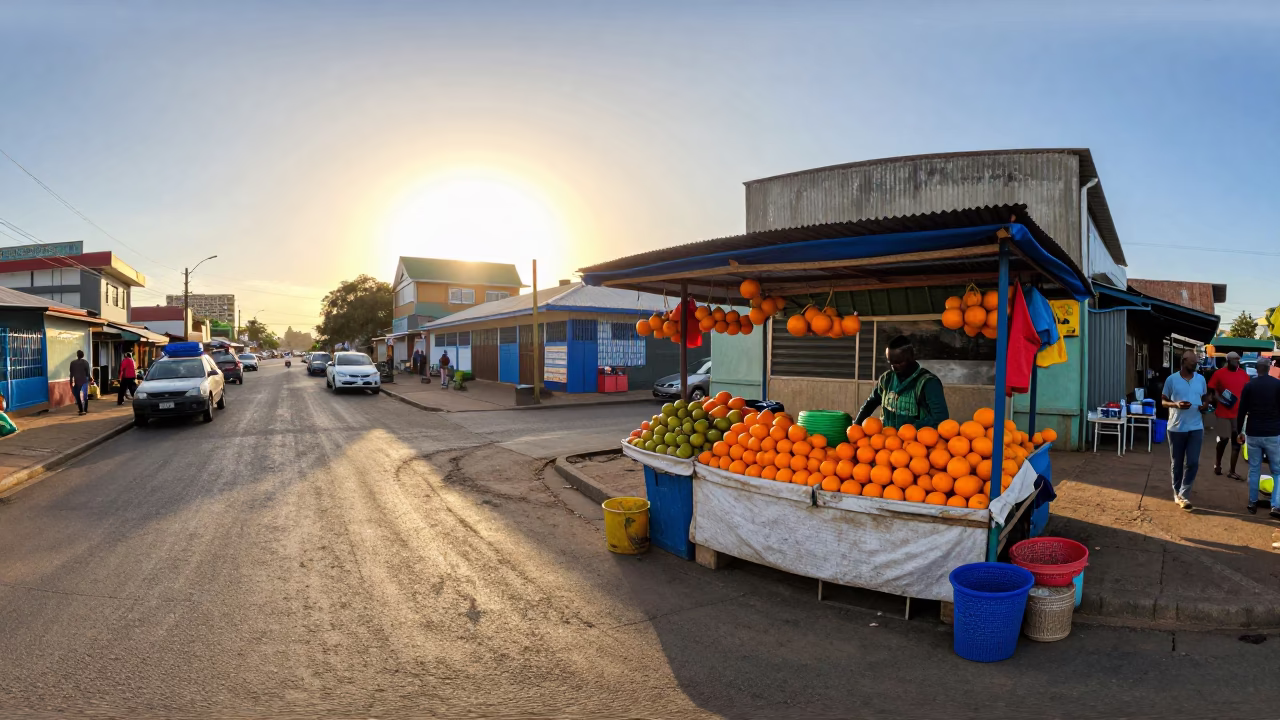 Golden Morning Light on Durban Street Corner with Local Market Activity and Vintage Details in in Durban, South Africa
