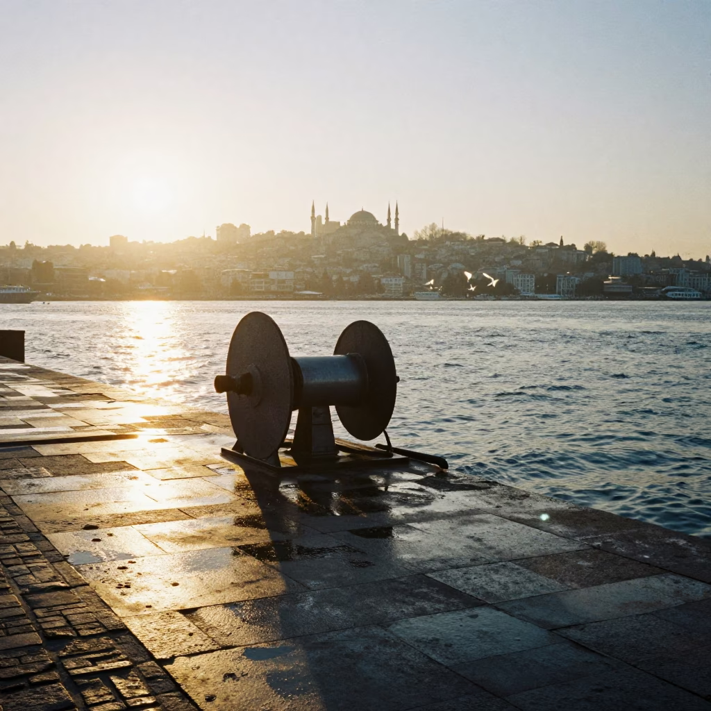 Golden Morning Light on Istanbul Bosphorus Quay with Hydrophone Winch and Water Droplets in in Istanbul, Turkey