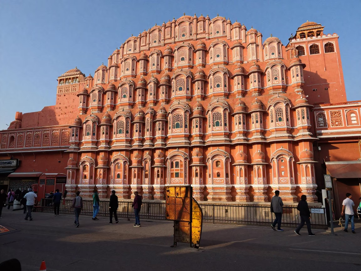 Golden Morning Light on Jaipur Pink City Street with Latch and Busy Local Life in in Jaipur, India