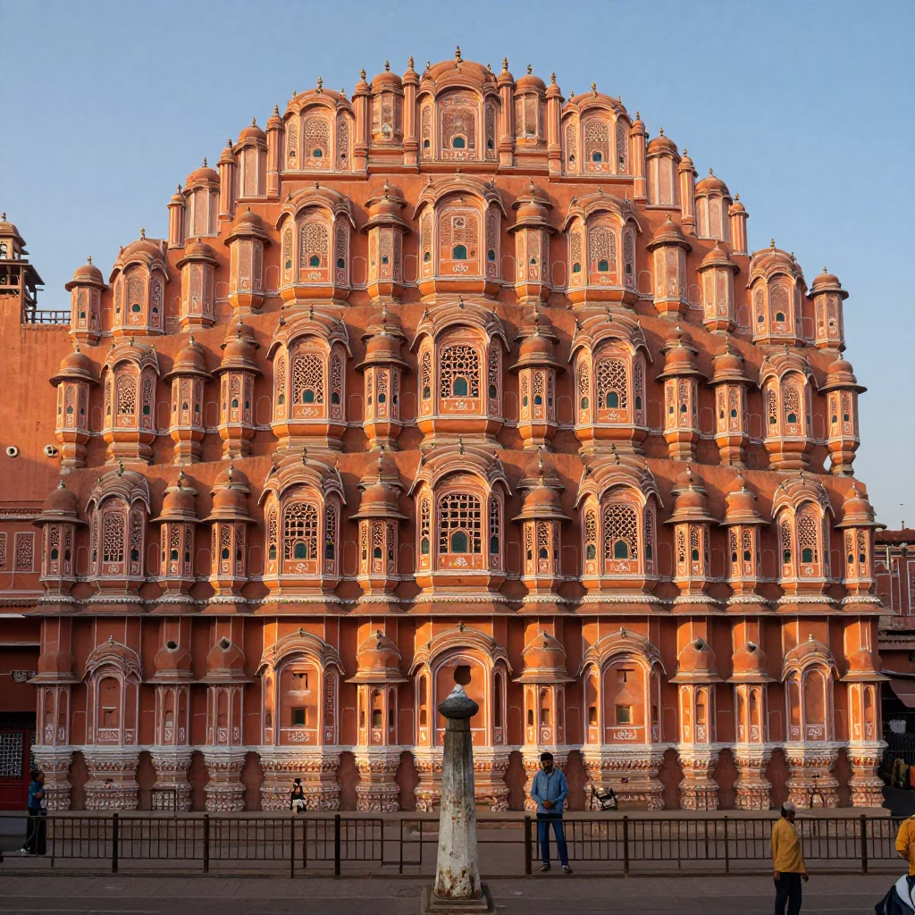 Golden Morning Light on Jaipur Pink Street Corner with Traditional Sweet Dish in in Jaipur, India