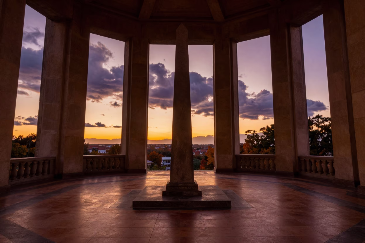 Golden Obelisk in Tiled Stair Hall Kotri Sunset in inside a tiled stair hall in Kotri