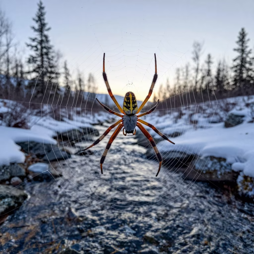 Golden Orb Weaver Before Dawn in above a glacial stream in Siberia