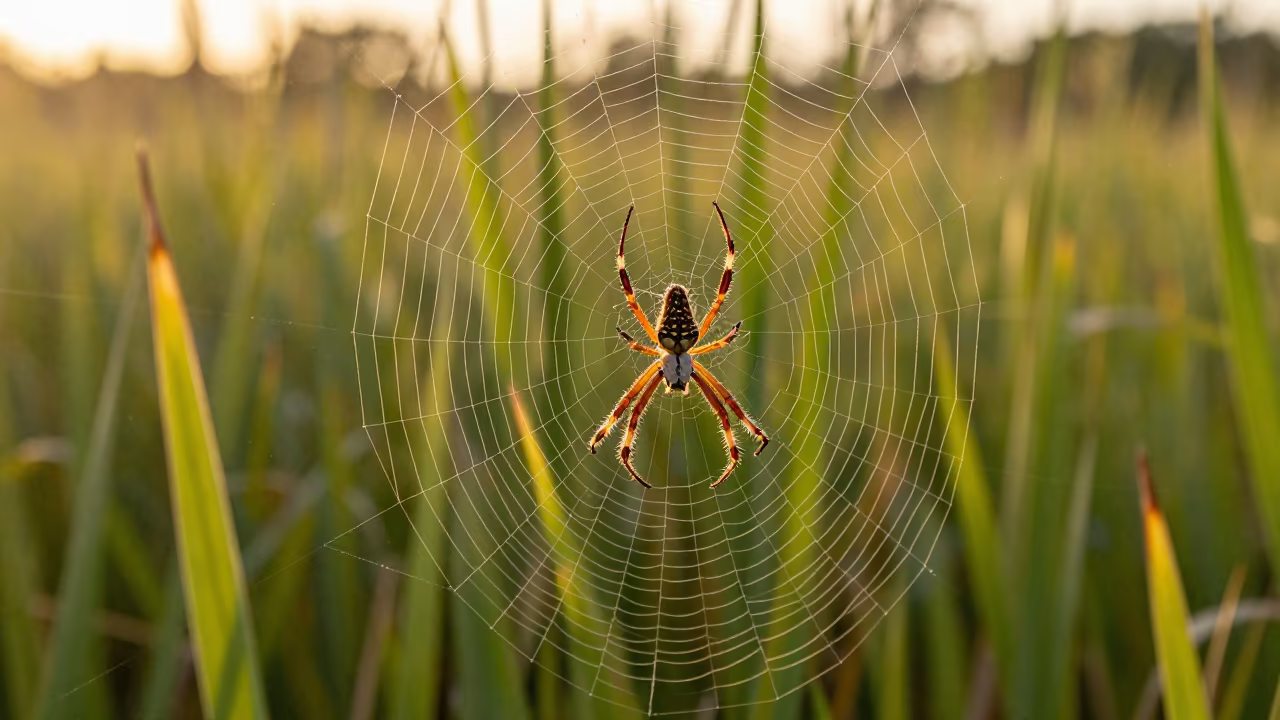 Golden Orb Weaver in Late Spring Reed Bed in at the edge of a reed bed in Maryland