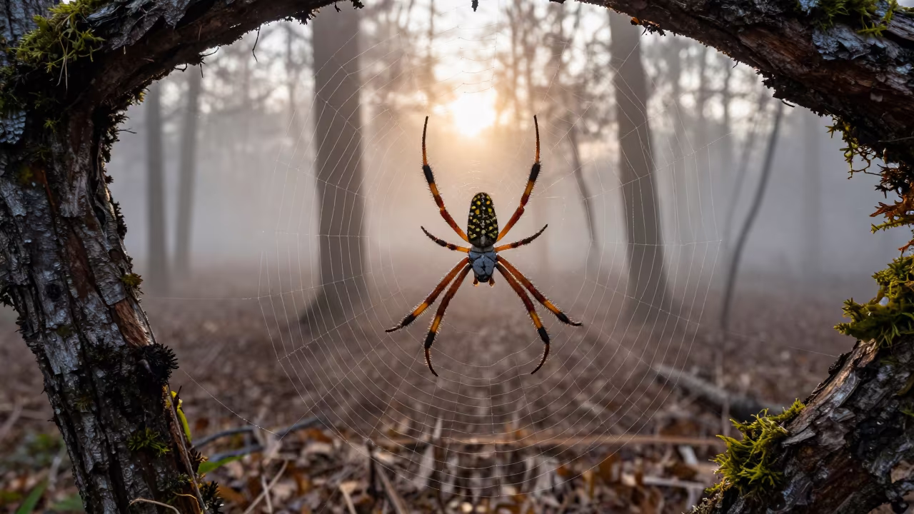Golden Orb Weaver in Morning Fog Missouri in in Missouri