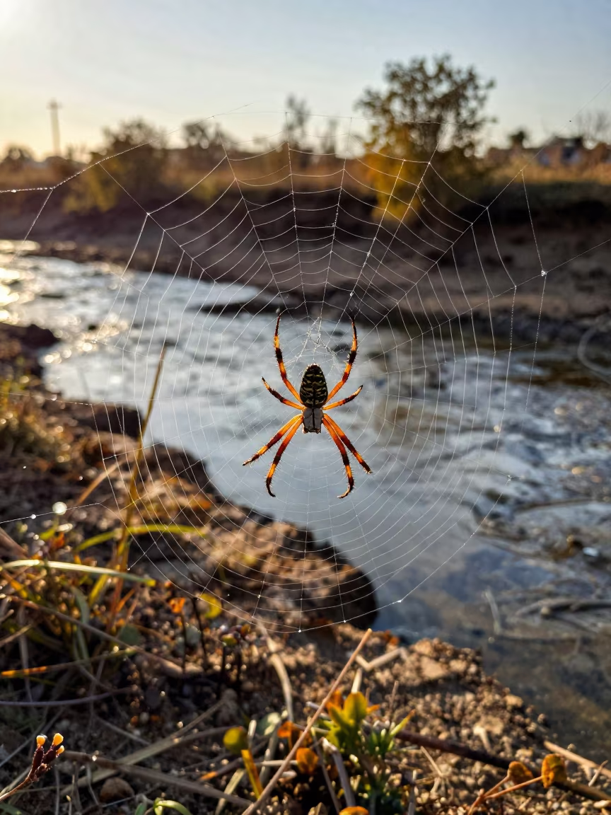 Golden Orb Weaver Spider in Dawn Web in beside a tidal inlet near Kirkuk