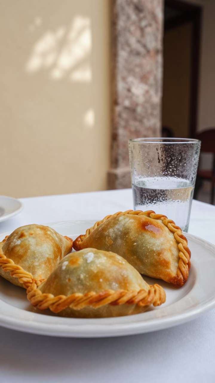 Golden Oven Baked Empanadas on Linen Table in on a linen-covered restaurant table in Tepic