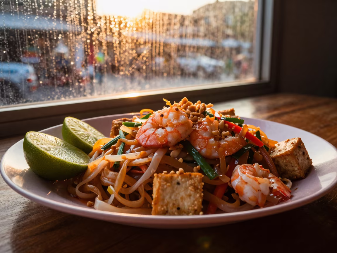Golden Pad Thai Plate with Lime Wedges in at a roadside diner table in Thonburi, Bangkok