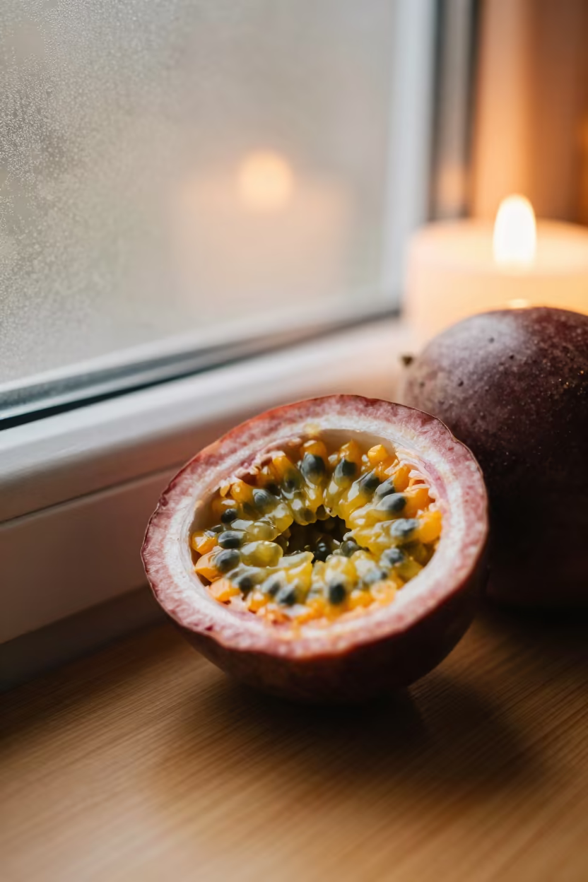 Golden Passion Fruit Cross Section Macro in along a frost-edged windowpane near Rufisque