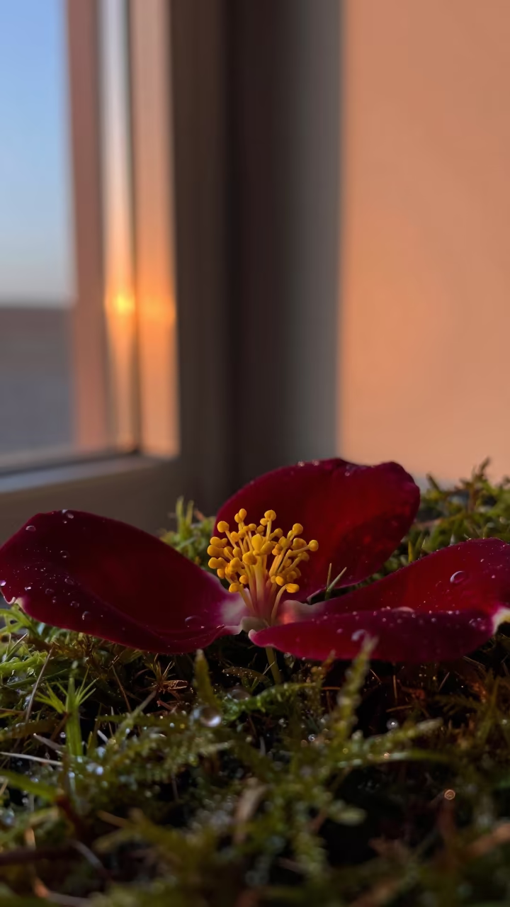 Golden Pollen on Velvet Petals in Copper Light in on dew-soaked moss near Huaraz