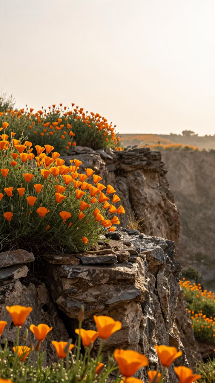 Golden Poppy Field on Liaoning Cliff Edge in along a salt-sprayed cliff edge in Liaoning