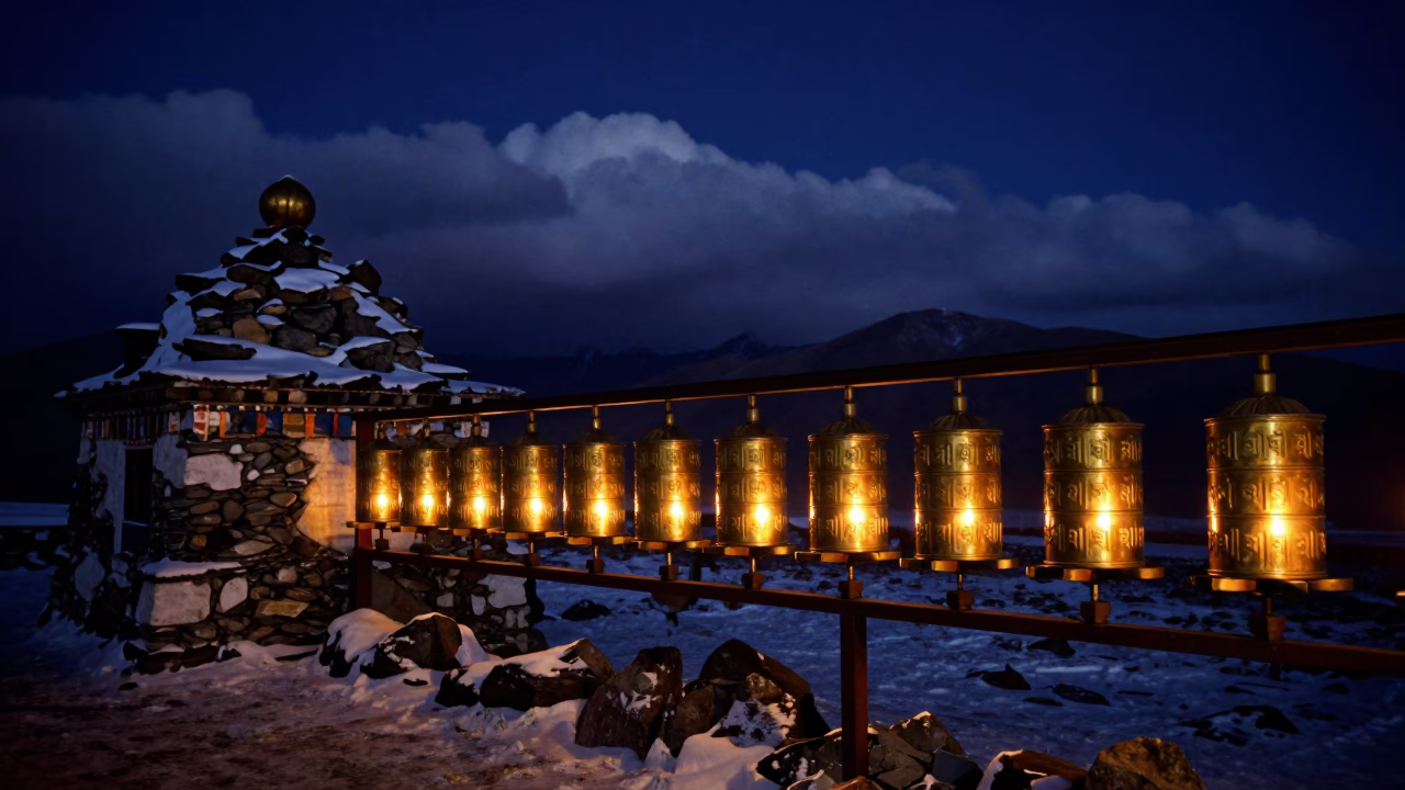 Golden Prayer Wheel Row Beside Winter Cairn in beside a summit cairn above the tree line near Lhasa