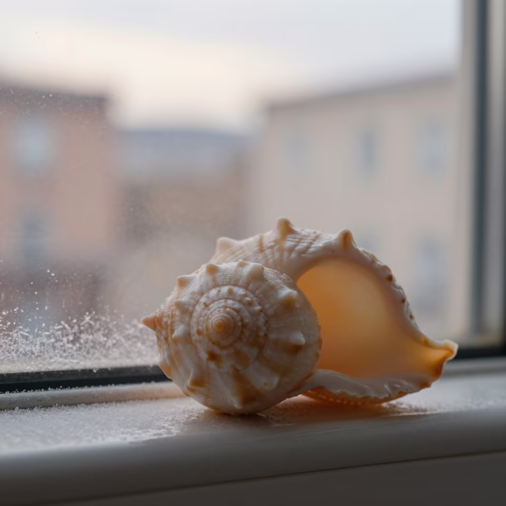 Golden Ratio Seashell Spiral on Naples Window in along a frost-edged windowpane near Quartieri Spagnoli, Naples