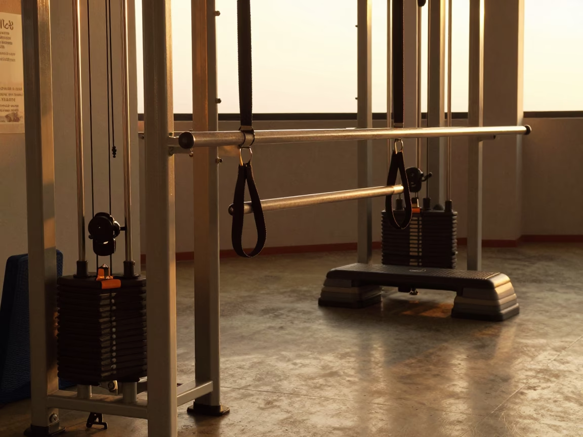 Golden Rehab Gym Dakar Parallel Bars Sunset in along a therapy corridor with organized equipment in Dakar