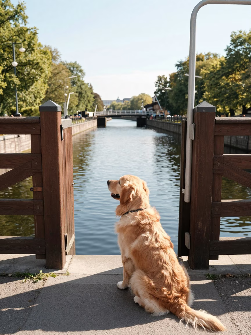 Golden Retriever and Canal Lock in Bright Midmorning Berlin Germany Street Scene in in Berlin, Germany
