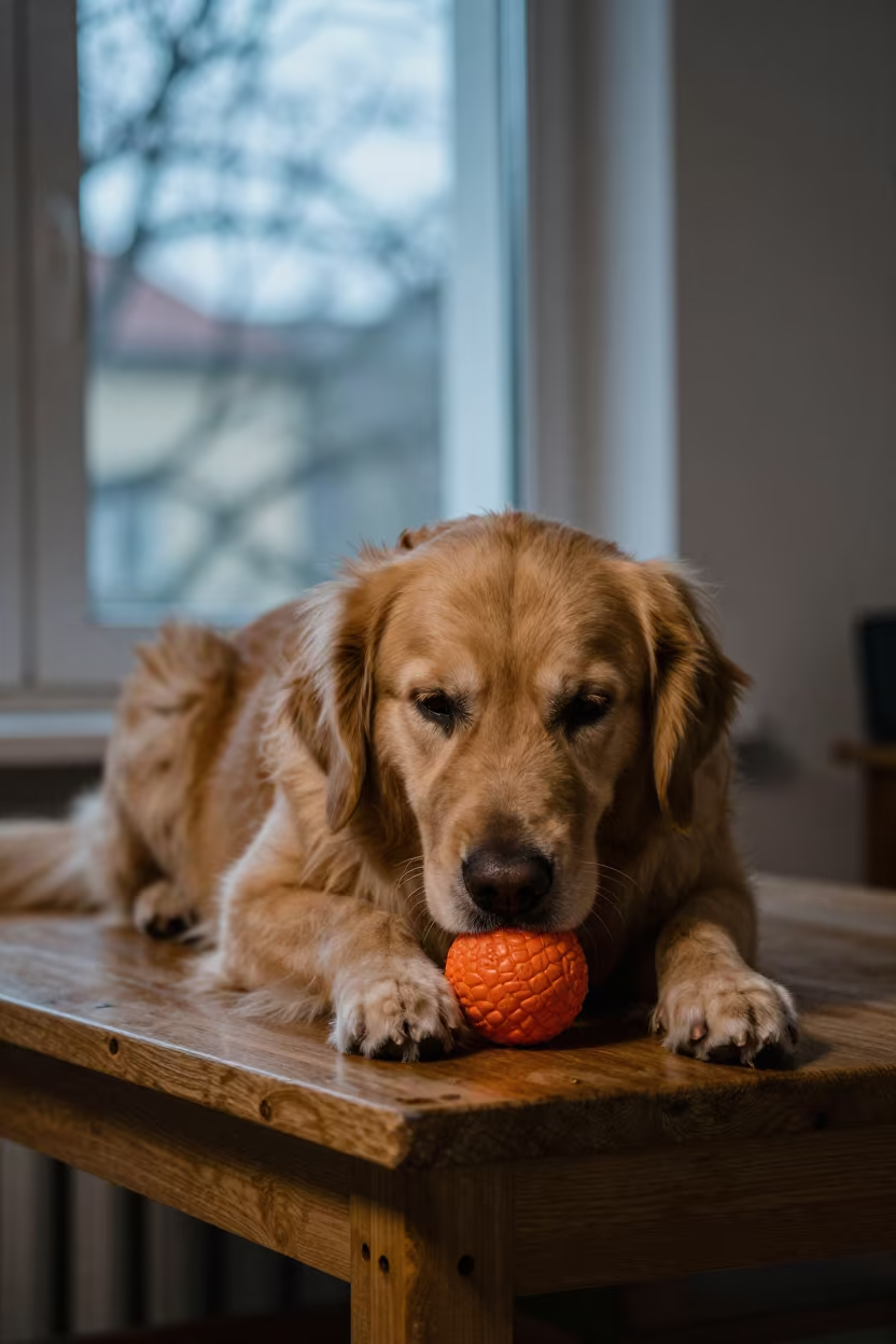 Golden Retriever Fetch on Bucharest Workbench in on a wooden workbench in Bucharest