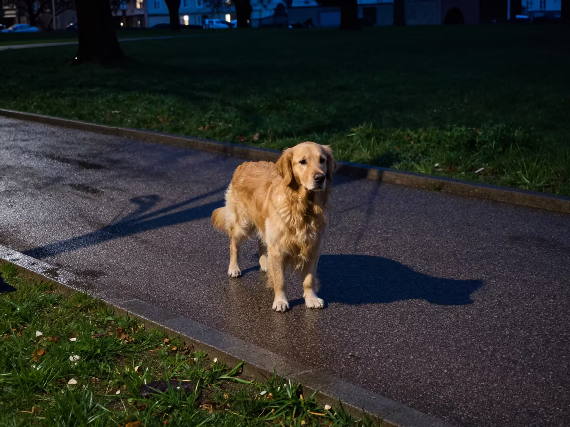 Golden Retriever Midnight Park Path Salzburg in along a quiet park path with soft open shade and a clean background in Salzburg