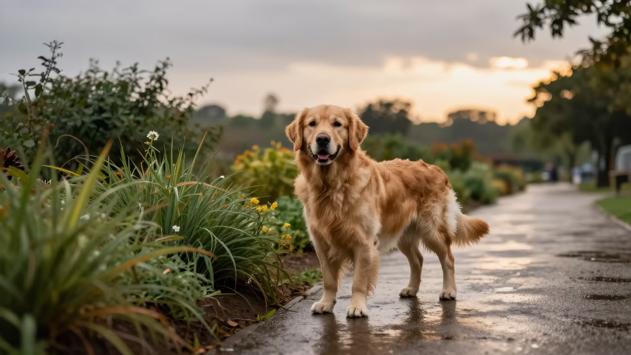 Golden Retriever on Park Path at Wet Season Sunset in near a garden edge with soft morning light and an uncluttered background in Cúa