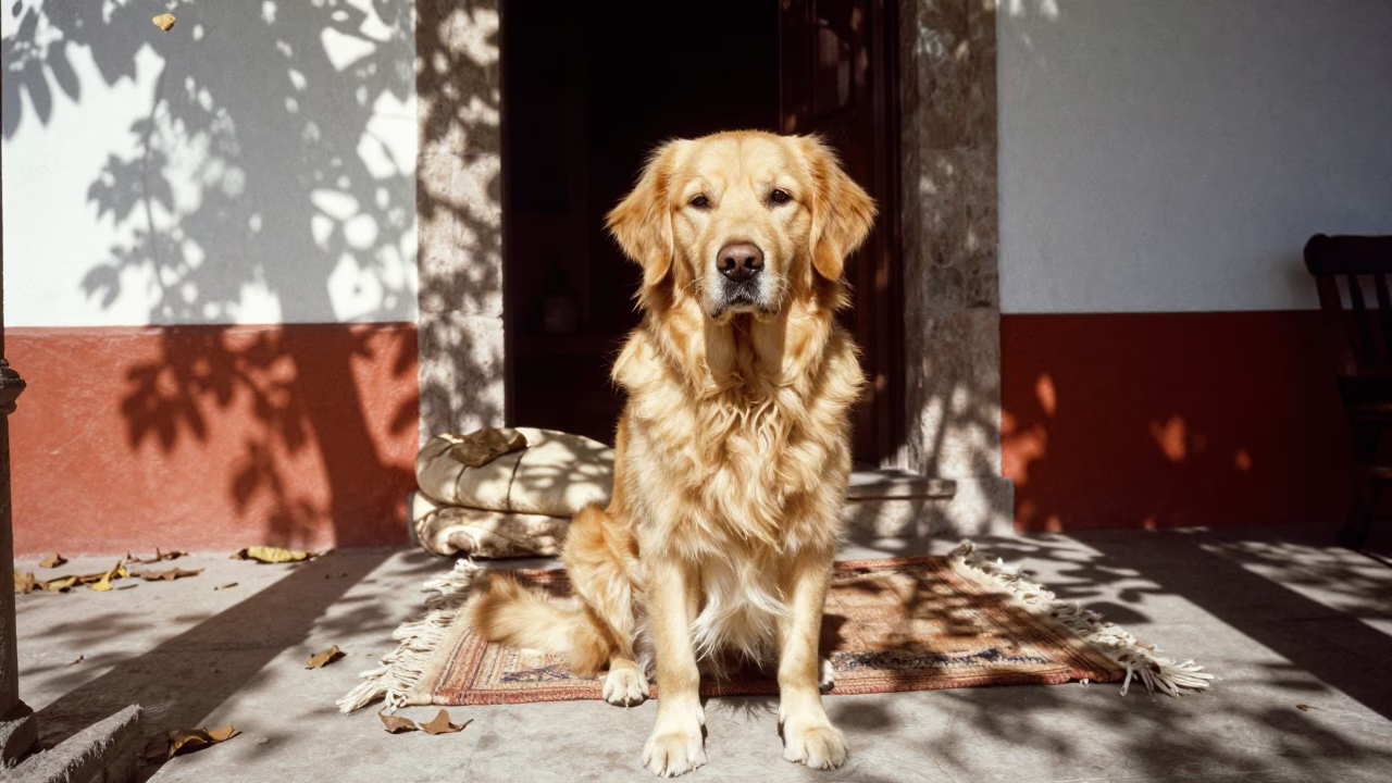 Golden Retriever on Shaded Guanajuato Porch in on a shaded front porch with boards, railings, and eye-level framing in Guanajuato