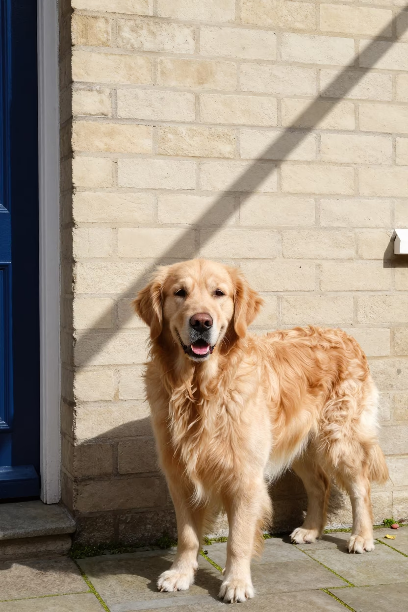 Golden Retriever Portrait Beside East London Courtyard Wall in beside a plain courtyard wall in clear daylight with the animal at eye level in East London
