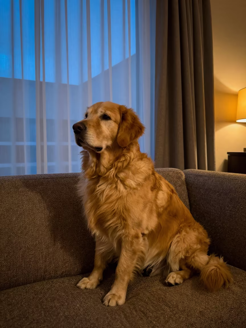 Golden Retriever Portrait in Evening Window Light in on a sofa near a curtained window with calm indoor light in Santiago de los Caballeros