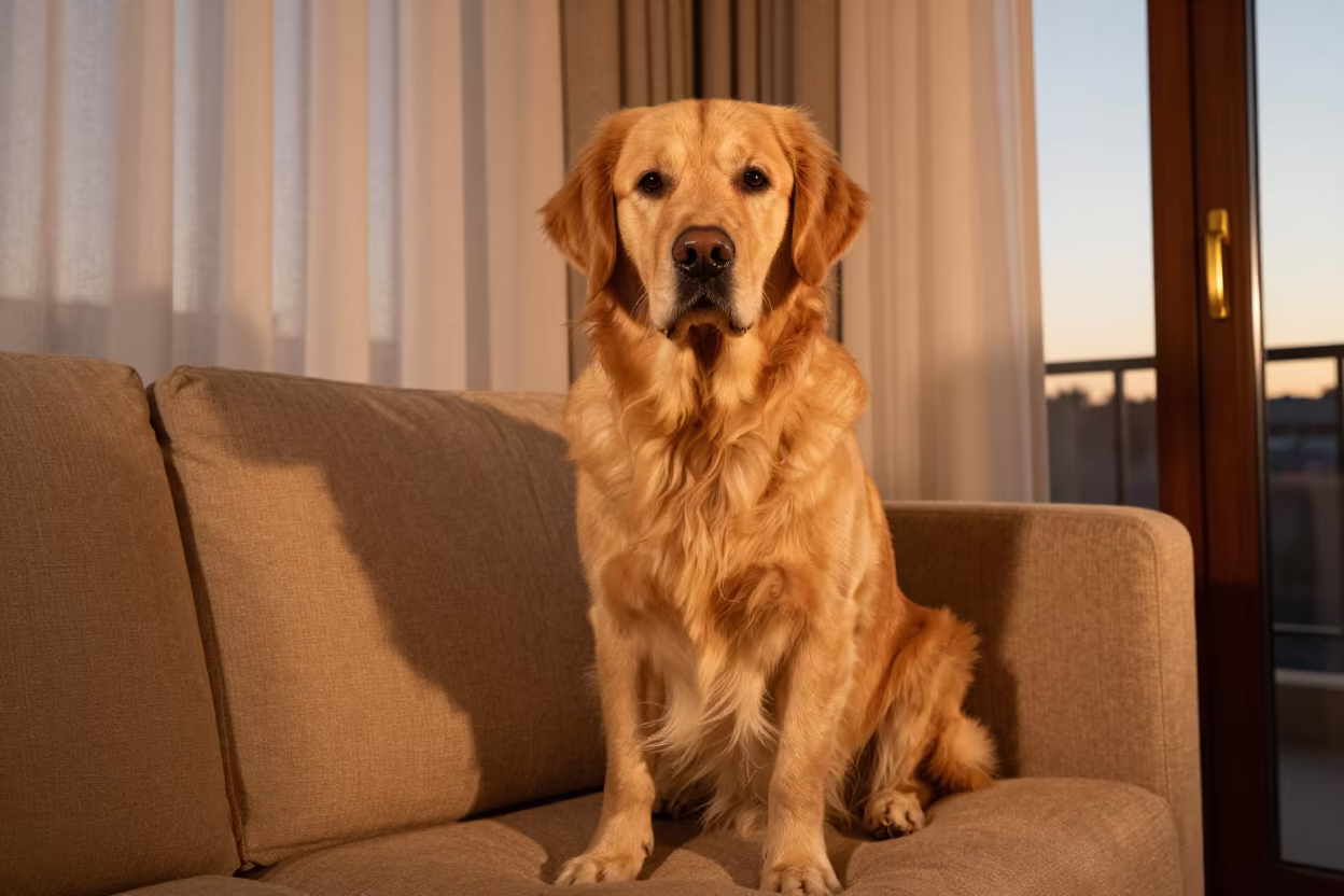 Golden Retriever Portrait in Nuremberg Living Room in on a sofa near a curtained window with calm indoor light in Nuremberg