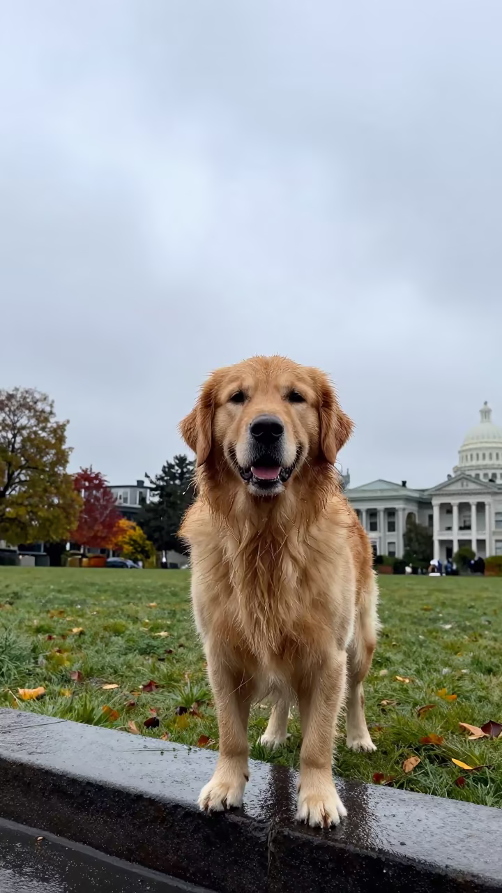 Golden Retriever Portrait in Seattle Park Rain in along a quiet park path with soft open shade and a clean background near Capitol Hill, Seattle