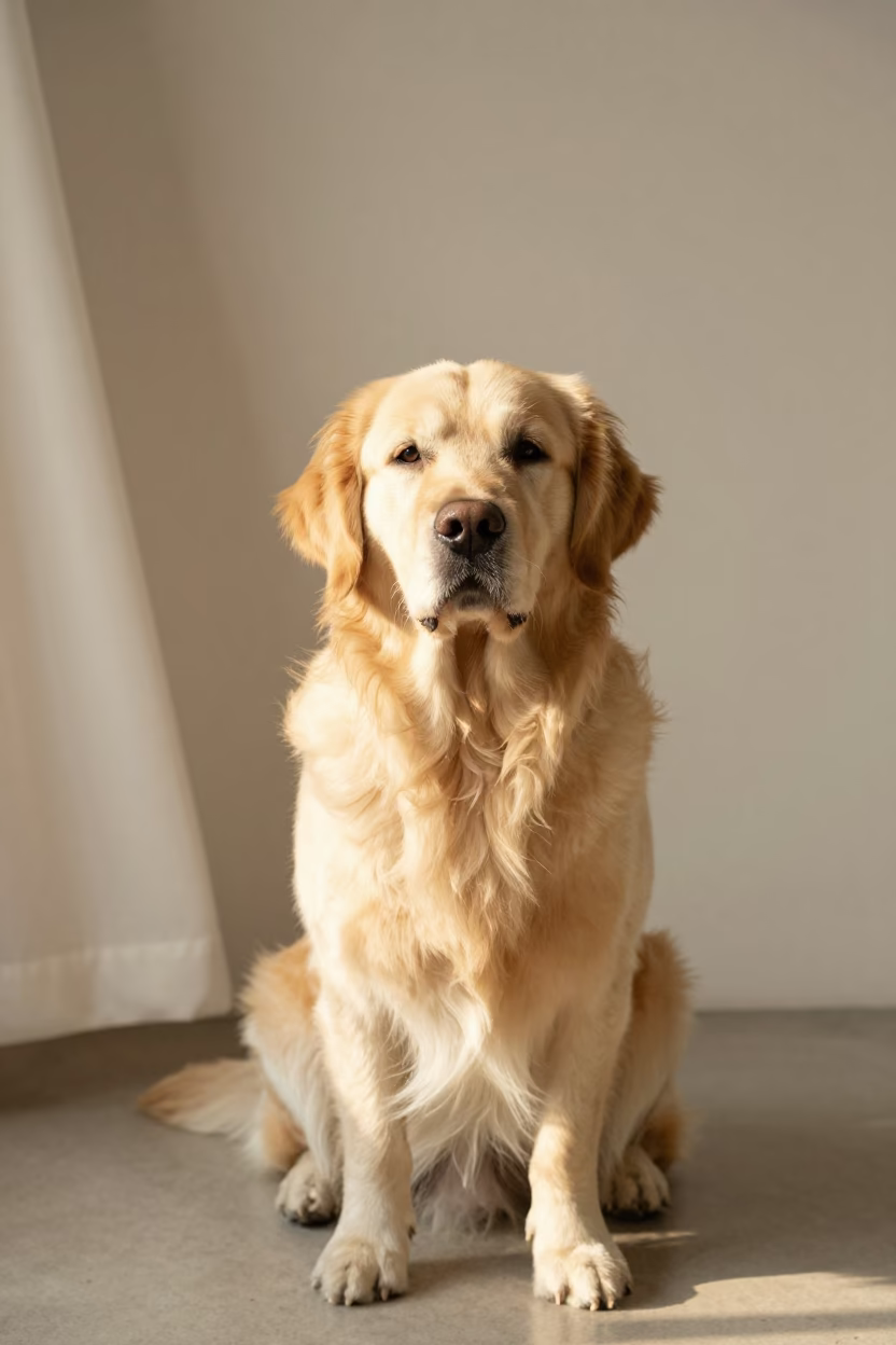 Golden Retriever Portrait in Soft Indoor Taichung Light in beside a plain plaster wall in soft indoor light with the animal centered in frame in Taichung