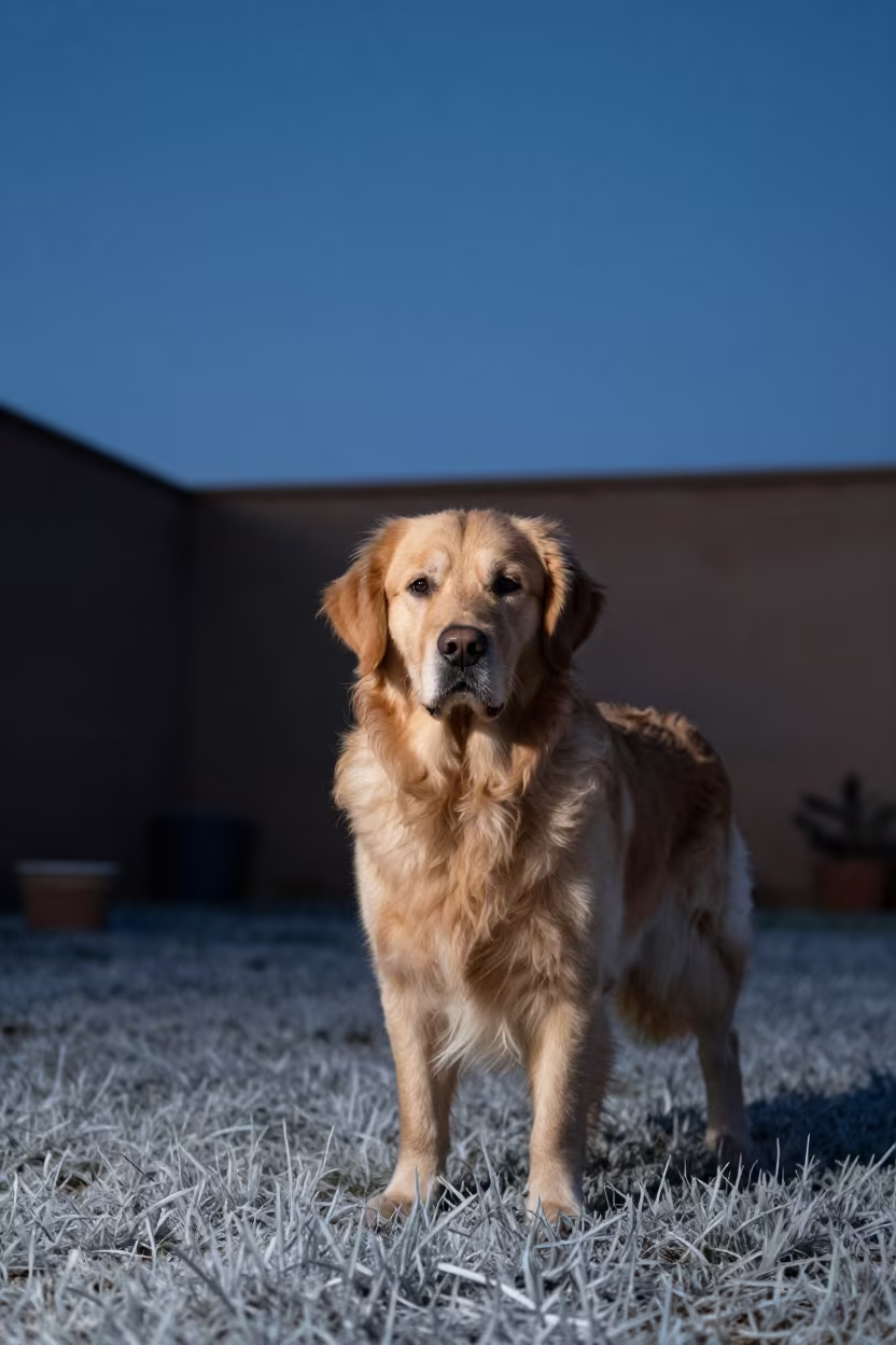 Golden Retriever Portrait in Winter Night Light in in a small yard with clipped grass, calm light, and the animal centered in frame near Baqubah