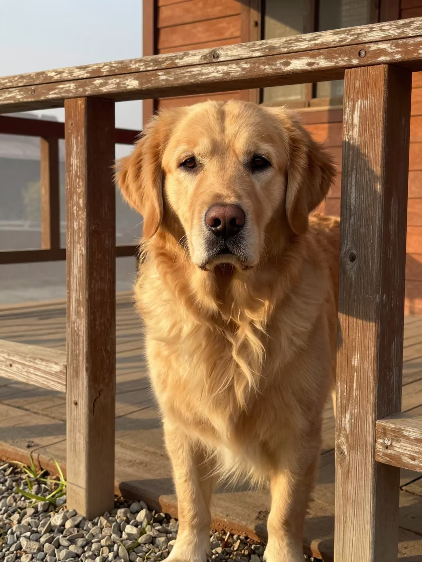 Golden Retriever Portrait on Ajmer Porch in on a shaded front porch with boards, railings, and eye-level framing near Ajmer