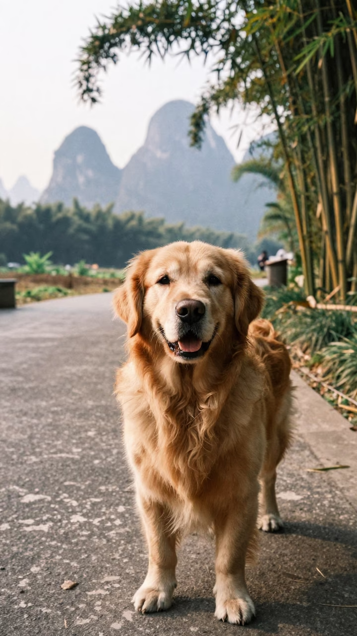 Golden Retriever Portrait on Guilin Park Path in along a quiet park path with soft open shade and a clean background in Guilin