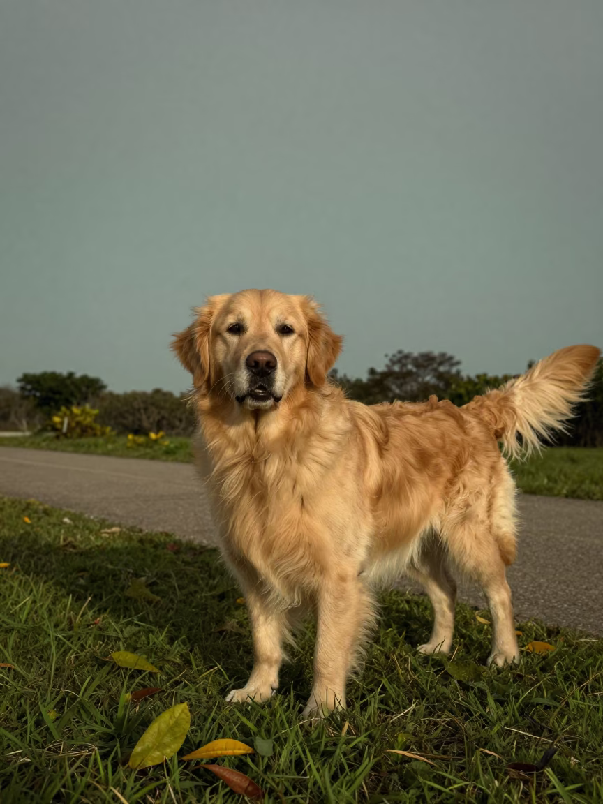 Golden Retriever Portrait on Santa Marta Park Path in along a quiet park path with soft open shade and a clean background in Santa Marta