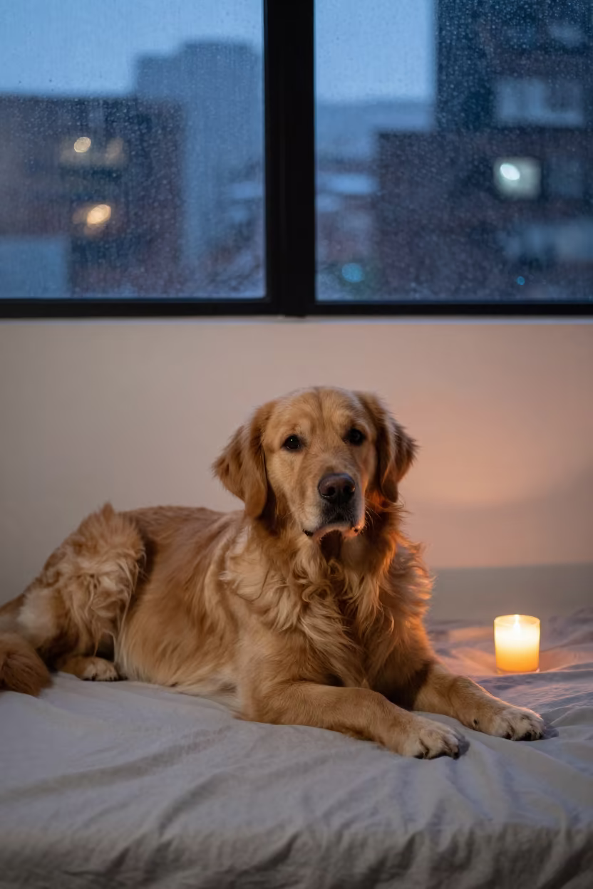 Golden Retriever Resting on Bedspread Near Window in on a bedspread near a bright window with calm indoor light in Bogota