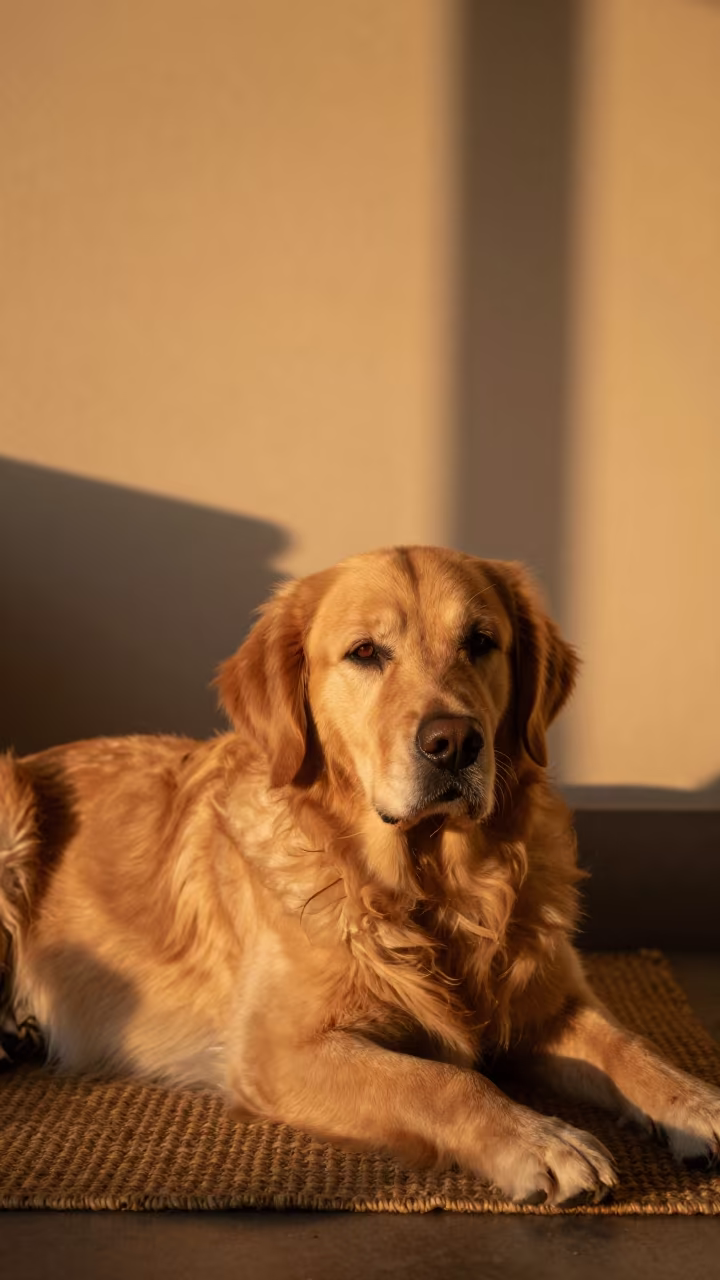 Golden Retriever Resting on Rug at Sunset in on a woven rug beside a low couch and an uncluttered wall near Kadoma